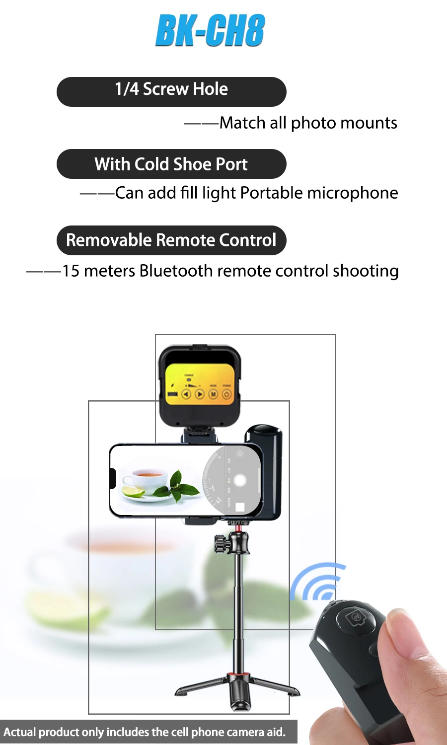 BK-CH8 Stepless Zoom for Iphone Android Phone Selfie Booster Handle Grip, Blueto