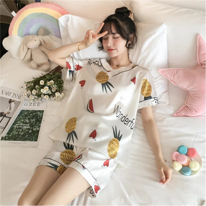 Women's Pajamas Sets Satin Silk Pyjama Heart Print Summer Pijama Mujer Pjs Sleepwear Short Sleeve Shorts 2 Piece Casual Homewear