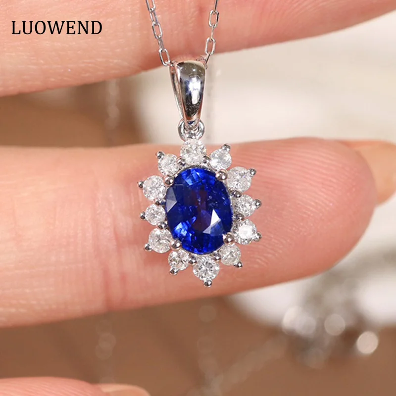 LUOWEND 18K White Gold Pendant Natural Blue Sapphire Necklace Classic Design Diamond Jewelry for Women Holiday Gift holiday bonus gold