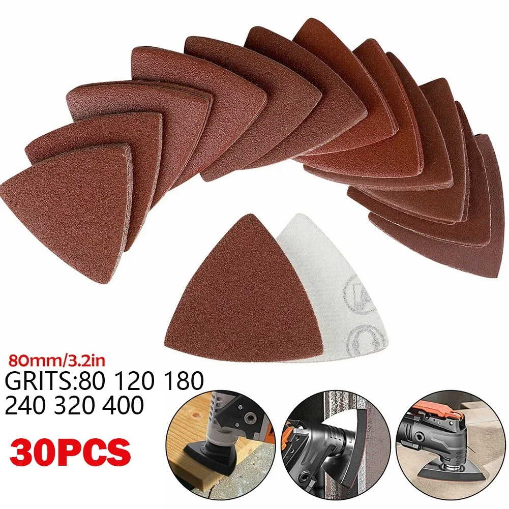 

30 Pcs 80x80x80mm Sanding Sheets Triangle Sandpaper Hook & Loop 80 -400 Grits Abrasive Sanding Disc For Wood Sanding