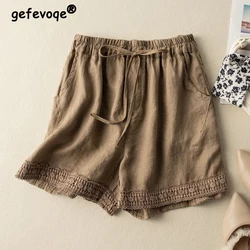 Summer Women Vintage Lace Patchwork High Waist Cotton Linen Short Pants Female Simple Casual Streetwear Loose Y2K Beach Shorts
