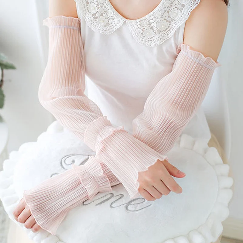 Summer Long Fingerless Gloves Women Sun Protection Sleeves Gloves Lady Thin Lace Mesh Arm Sleeve Sunscreen UV Breathable Mittens fingerless gloves sunscreen gloves arm sleeves