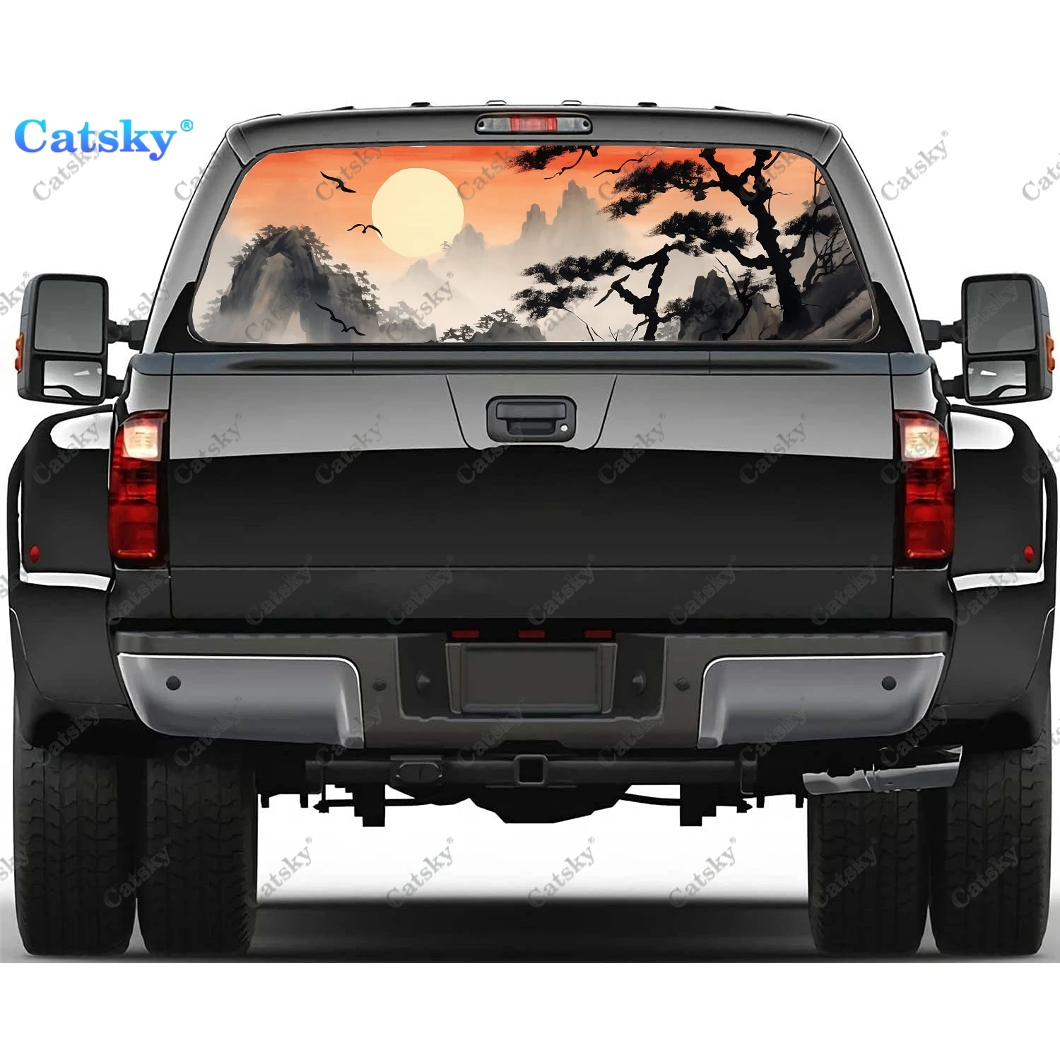 

Горный пейзаж с деревьями, наклейка на заднее окно, подходит для пикапа, грузовика, универсальная прозрачная перфорированная виниловая наклейка на заднее окно