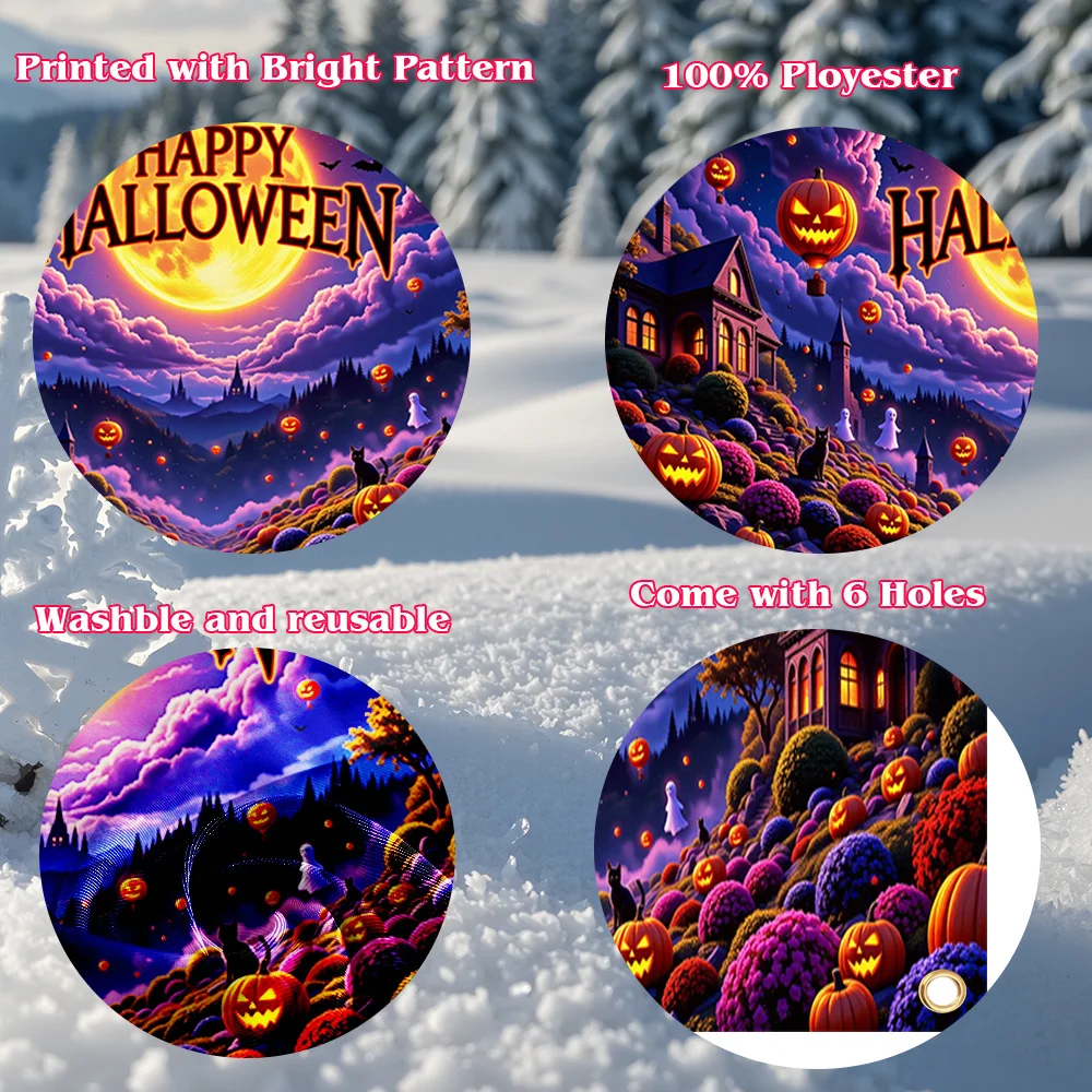 Halloween Magic Manor Garagenbanner, glänzendes Polyestermaterial, „Happy Halloween“, schwarze Katze, Fledermaus, Kürbislaternendesign – Detail 8