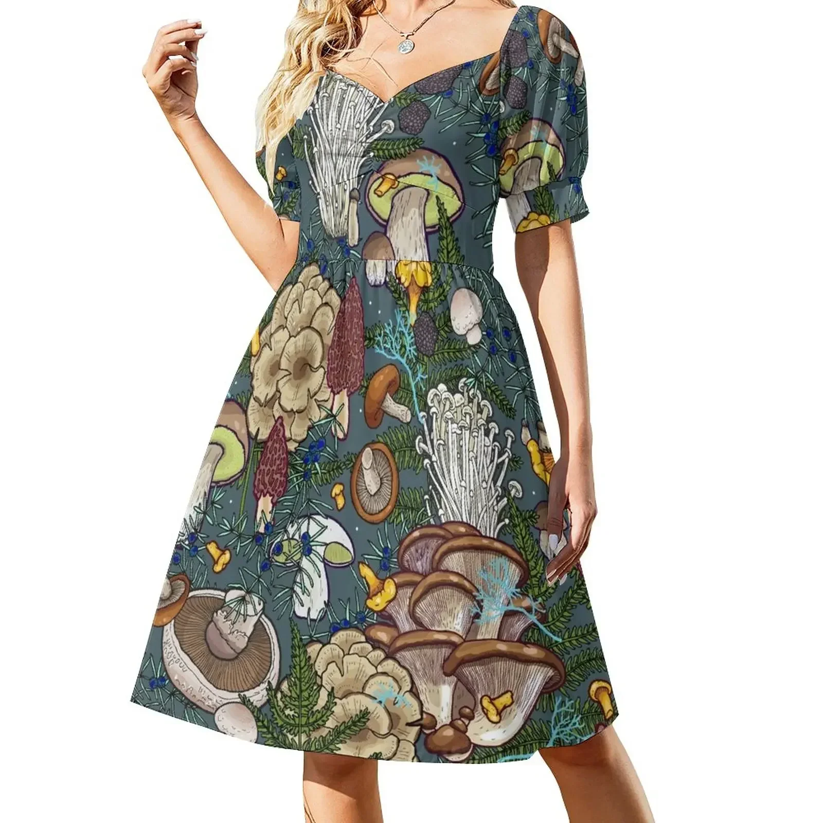 Vestido de manga corta con estampado de bosque de setas para mujer, elegante vestido de verano para boda y noche.