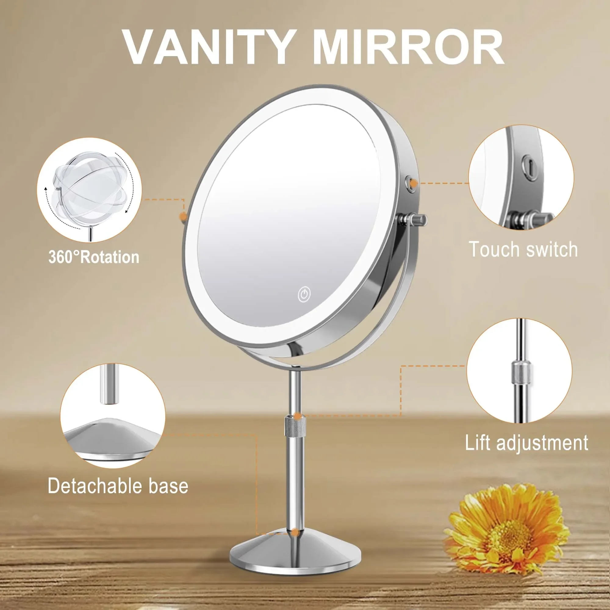 Adjustable USB Charging Led Tricolor Dimming Bathroom Cosmetic Mirrors Wall Folding Makeup HD Mirror with Lights Magnifying