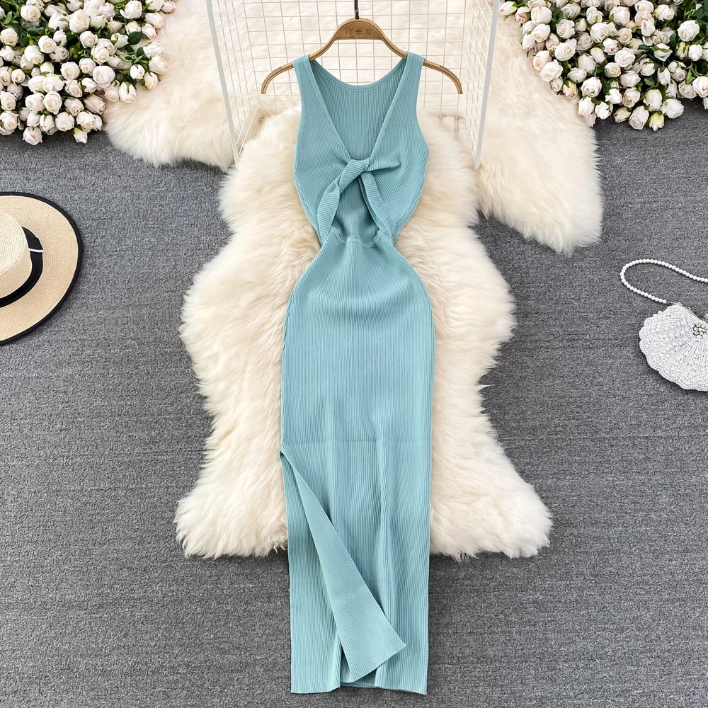 YuooMuoo Frauen Kleid Sexy Wrap Hüften Zwei Seiten Verfügbar Split Einteiliges Langes Kleid Mode Knoten Gestrickte Bodycon Party robe Femme – Detail 6