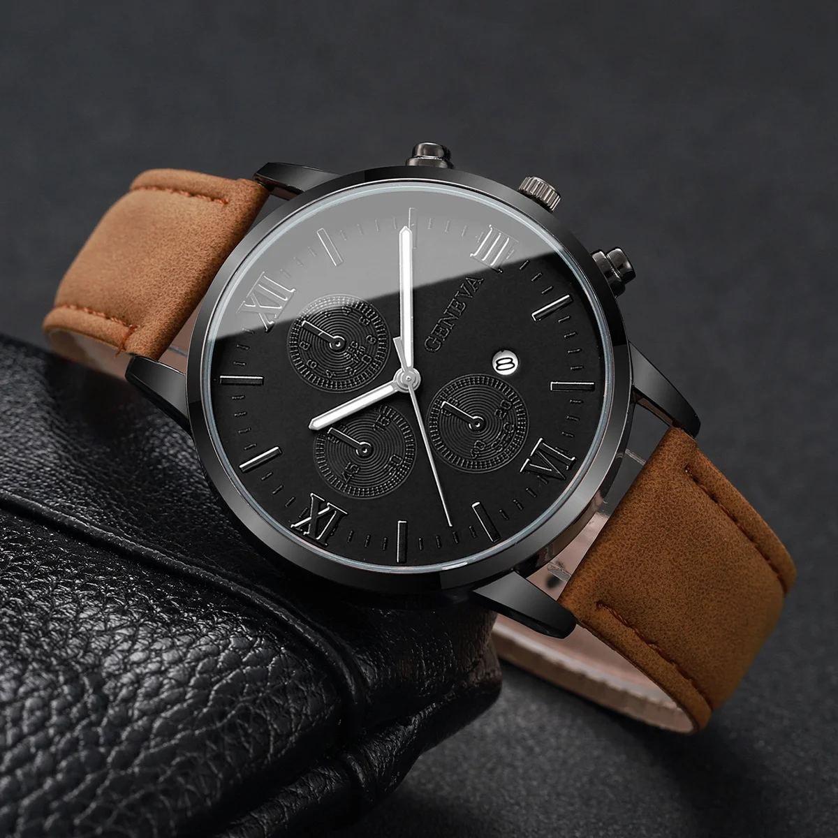 2PCS/Set Men Business Watches Fashion Roma Dial Date Watch Leather Band Quartz Wristwatches Relogios Feminino（Without Box） 5