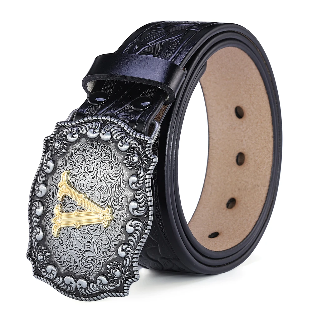 Western Belt Men Genuine Leather Belts for Men Women Cowboy Cowgirl Big Letters Buckle Gold Male Belts Long Black Brown Quality