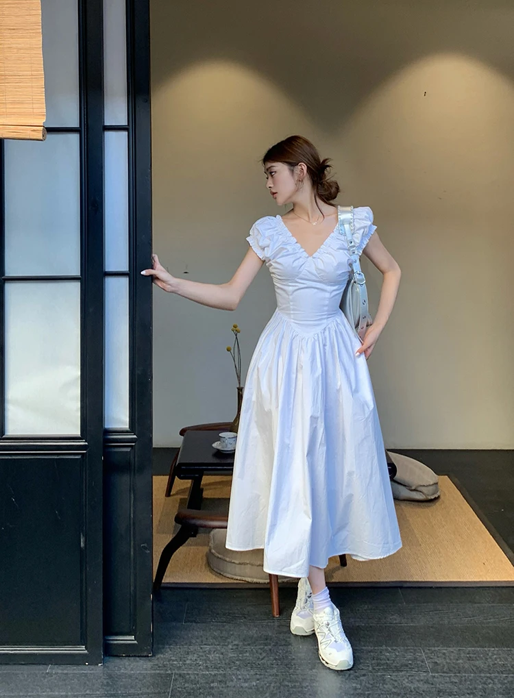 Casual Solid Midi Dresses for Women Korean Chic V-neck Backless High Waist Puff Sleeve A-line Party Dress Summer Vestidos Mujer