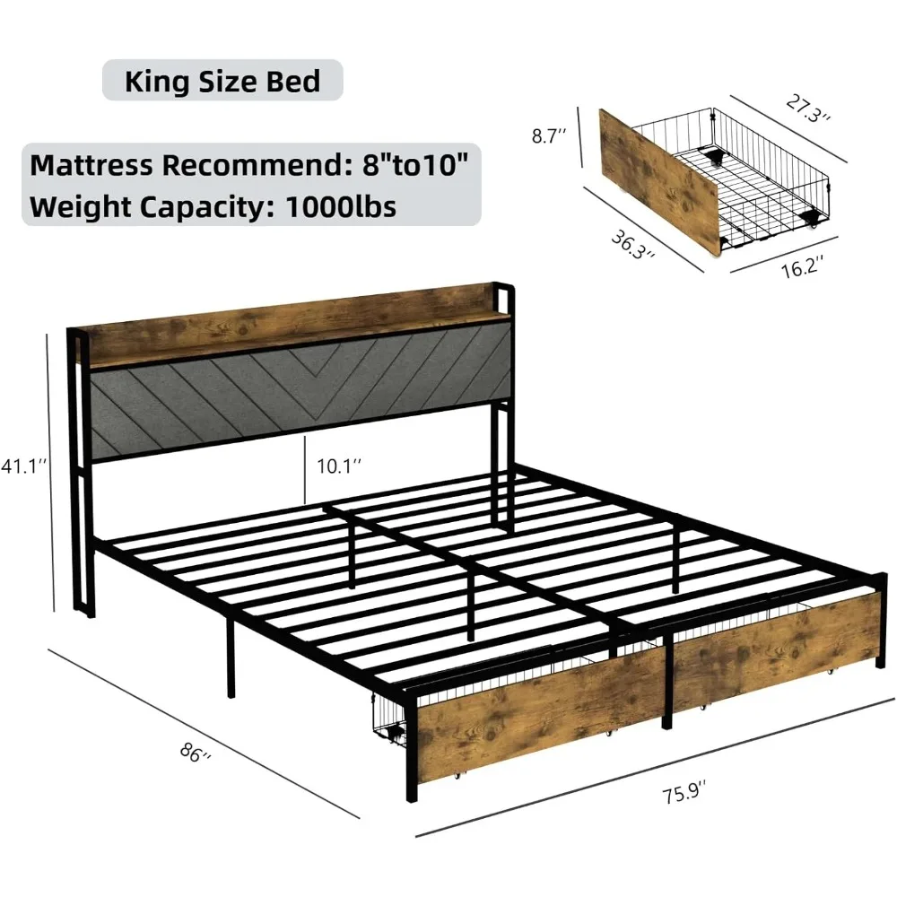 King Size Bed Frame with Drawers, Metal Platform Bed with Uphosltered Headboard and Charging Station, No Box Spring Needed 6
