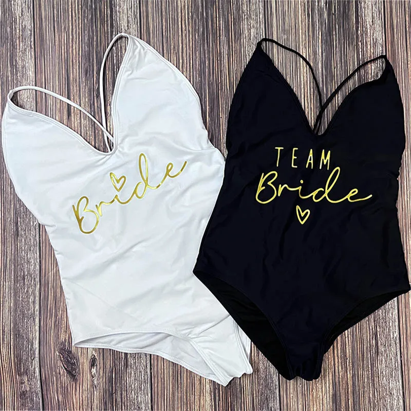 S-3XL Sexy Padded Team Bride One Piece Swimsuit Bride Swimwear Women Gold Pink Print Summer Bathing Suit Cross Back Beachwear 2