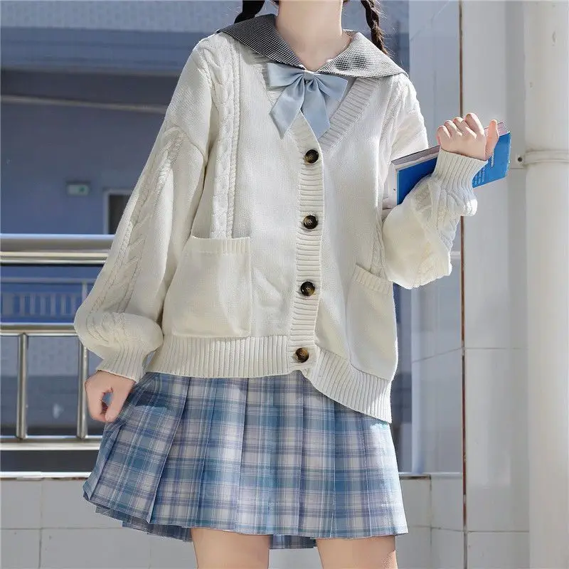 JK cardigan sweater women's long sleeved jacket milk white sweater top JK jacket loose college style sweet girl 5