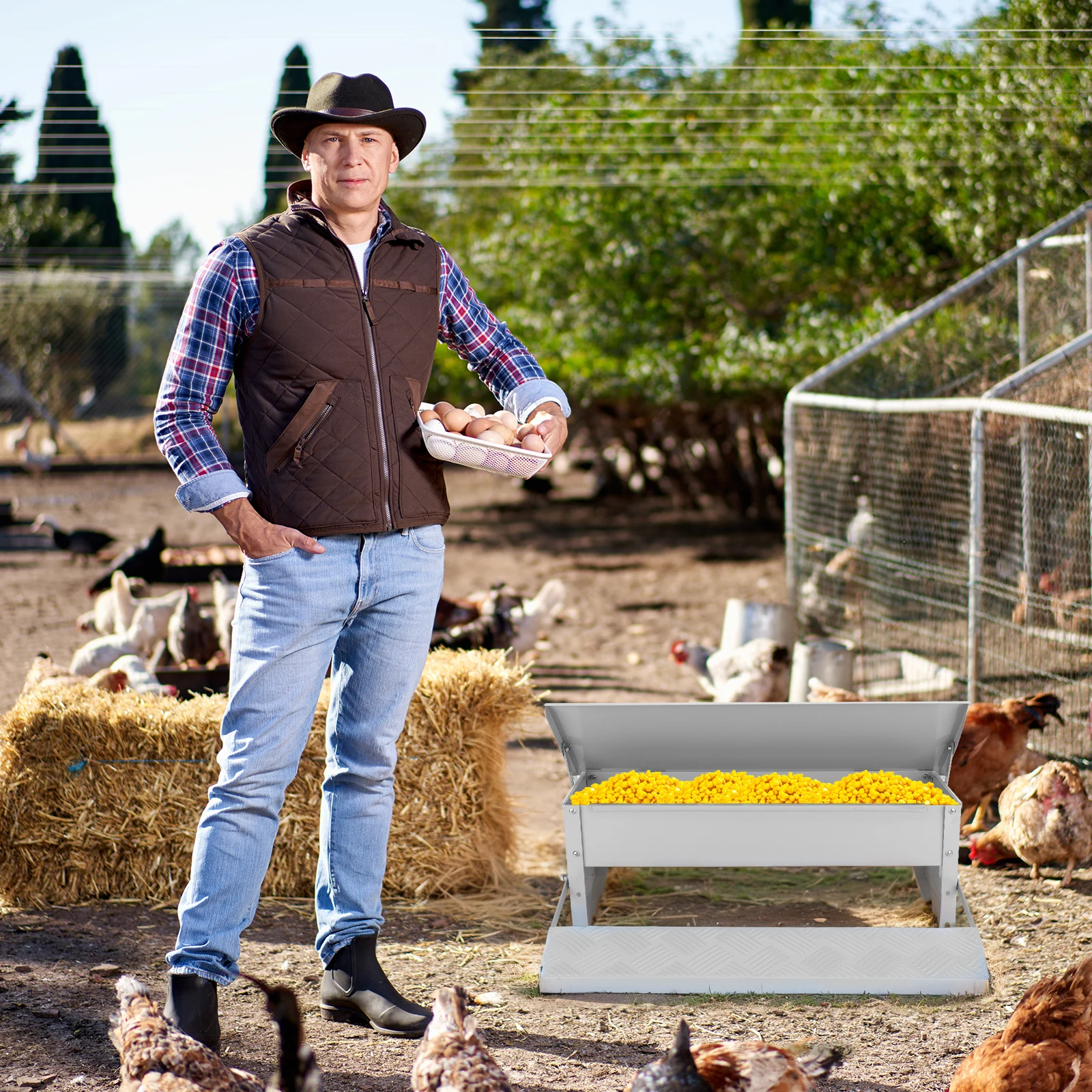 Automatic Chicken Feeder with Weatherproof Lid Poultry Feeder Rat Proof Chicken Feeder for Chickens Geese Ducks Turkeys