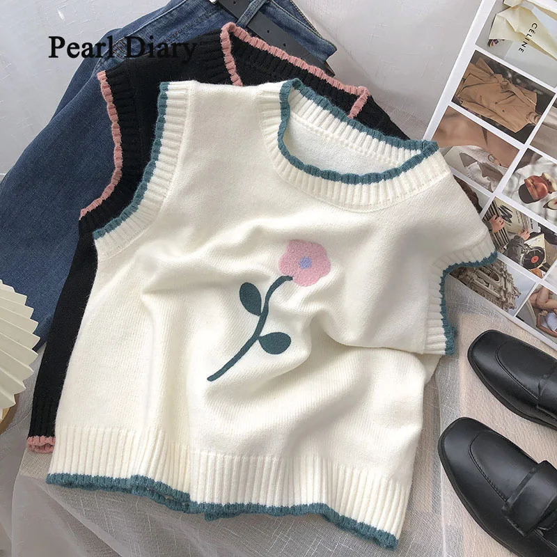 Pearl Diary Women Assorted Colors O-Neck Tie Flowers Waistcoat Autumn Korean Fashion Pullover Knitting Tops All-Match Slim Thin