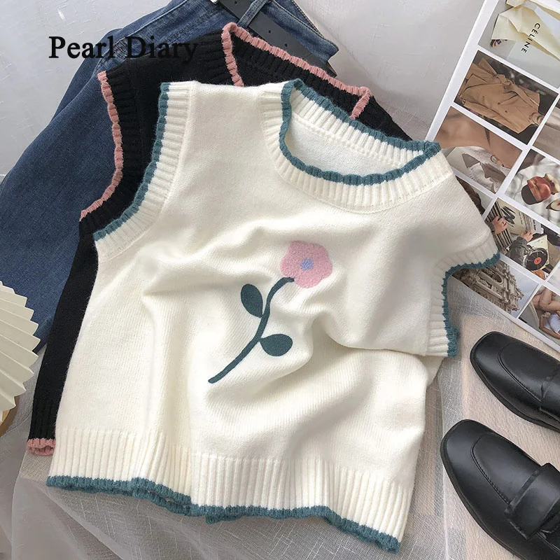 Pearl Diary Women Assorted Colors O-Neck Tie Flowers Waistcoat Autumn Korean Fashion Pullover Knitting Tops All-Match Slim Thin love lock diary a5 notepad bookkeeping book macaron solid color student horizontal line record thin hand account schedule books