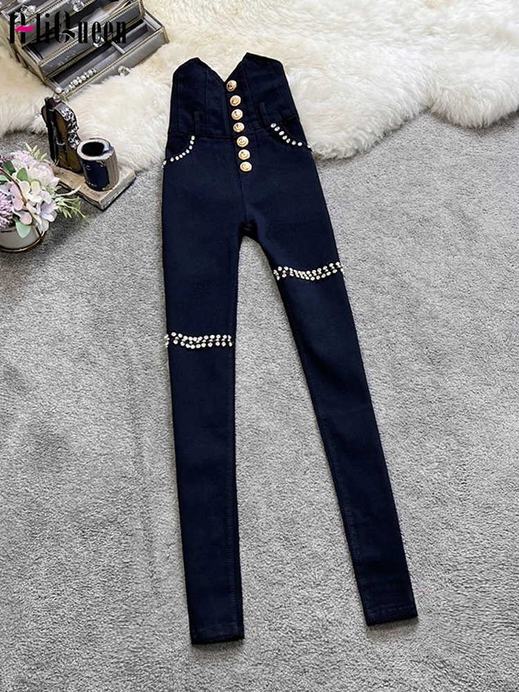 

High Waisted Women Beading High Stretch Embroidered Flares Pants Streetwear Female Black Skinny Single-breasted Pencil Pants