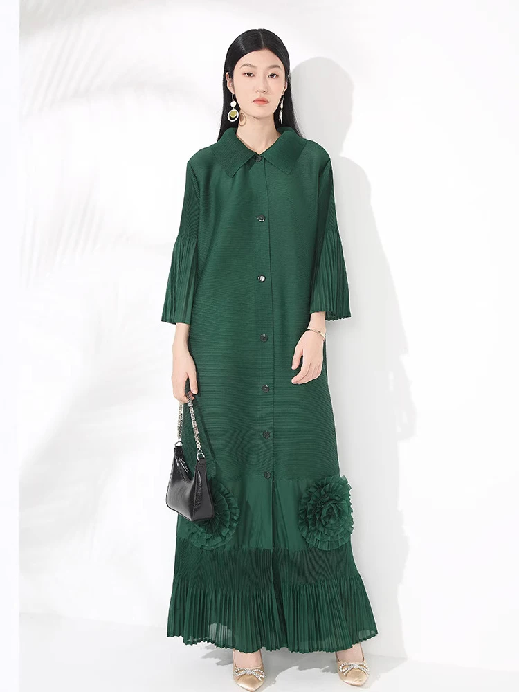 LANMREM Loose Temperament New Women's Dress High-end Chic Lapel Flared Sleeves Floral Long Breasted Cardigan Dresses 2DB3446 - Image 3