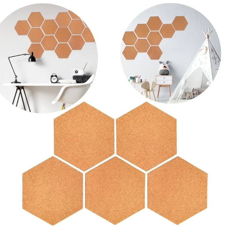 5PCS Hexagon Cork Notice Board Self Adhesive Cork Board for Photo Wall Home Decor Memo Office Bulletin Boards