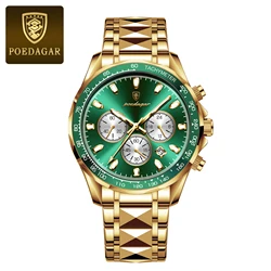 Luxury Men's Waterproof Chronograph Watch with Luminous Display and Stainless Steel Finish (815 All Gold Green)