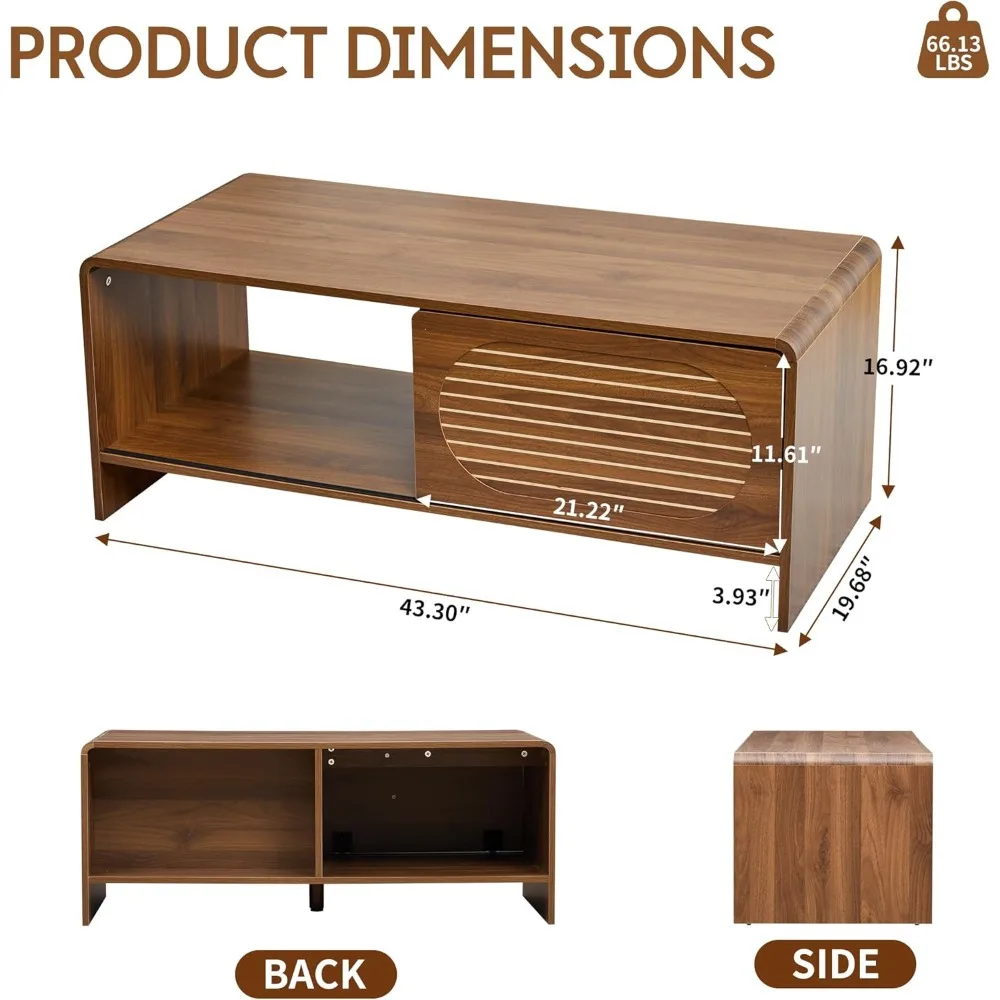 43.3" Walnut Modern Coffee Table with Sliding Door Storage, Farmhouse Style for Living Room