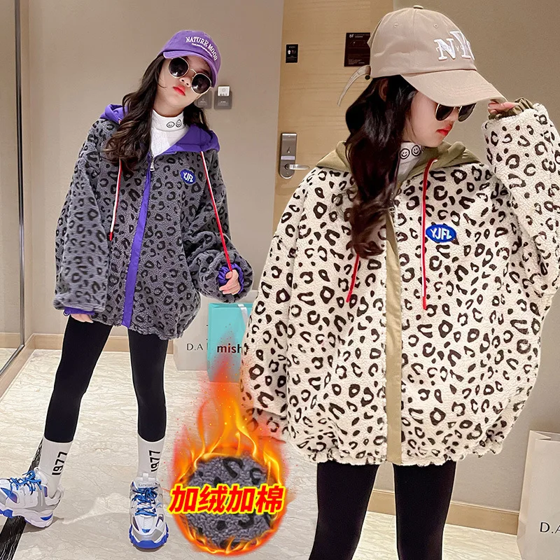 Kid Girls Clothes Autumn Winter Fleece Thick Warm Top Fashion New Leopard Print Hooded Jacket Double-sided Coat for Teens 3-14 Y