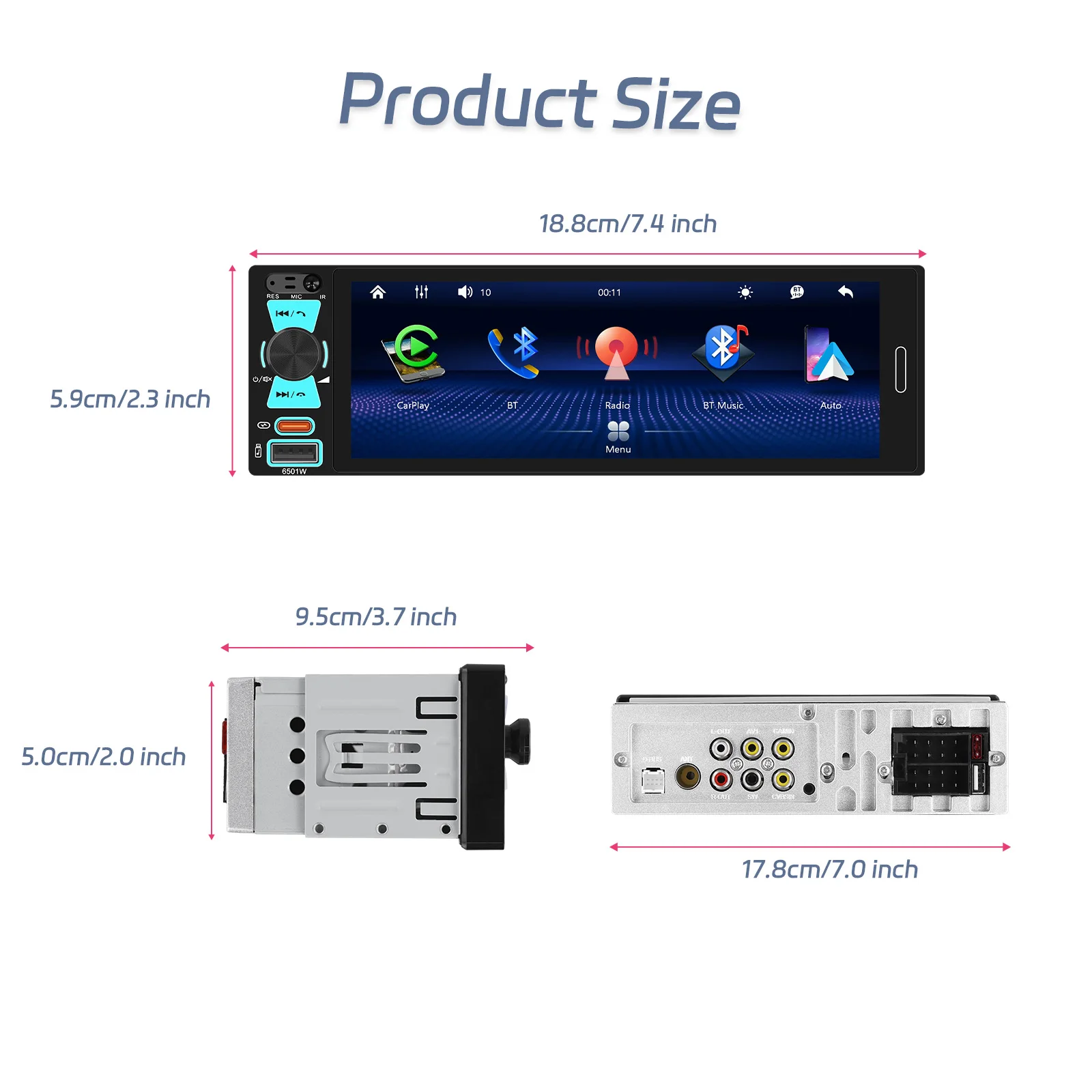 Radio para Auto Podofo de 6.5 Pulgadas 1DIN con Pantalla Táctil Incell, Carplay, Android Auto, Mirror Link, FM, AM, RDS, Reproductor Multimedia, Unidad Estéreo Universal para VW AUDI 6