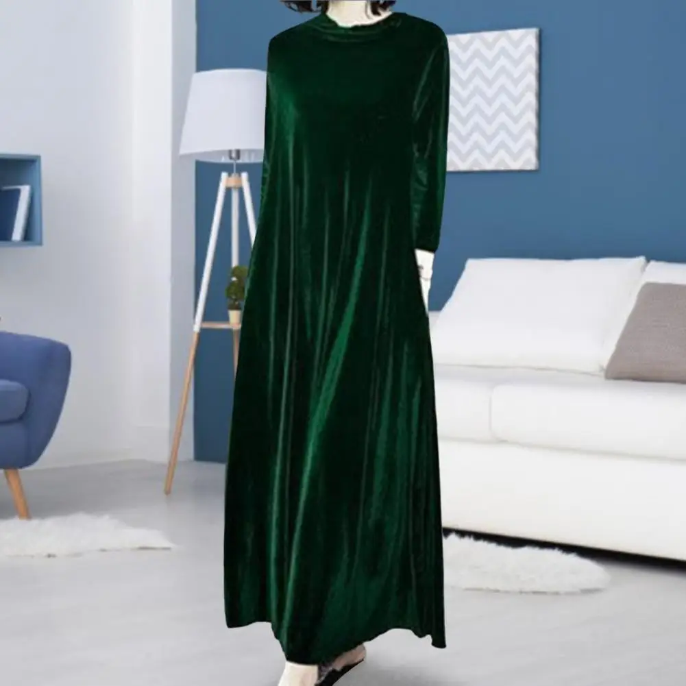 

Party Dress Breathable Maxi Dress Long Sleeves Spring Autumn Pleated Loose Hem Solid Color Velvet Maxi Dress Dressing Up