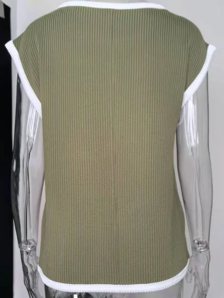 Green Rib Knitted Patchwork Striped Pocket Tshirt for Women