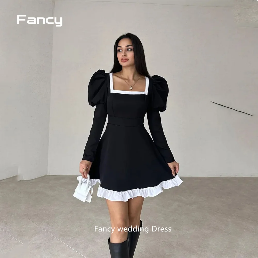 

Fancy Elegant Black White Square Neck Graduation Evening Dress Long Sleeve Saudi Arabia Women Prom Gown Mini Formal Dresses