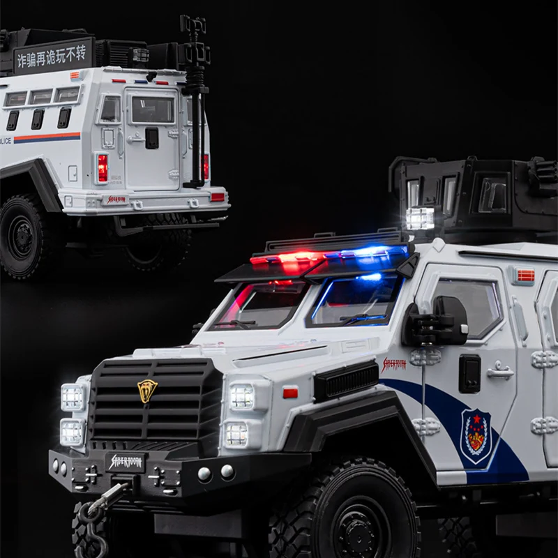 1:24 Alloy Police Explosion Proof Car Model Diecasts Metal Sword Toothed Tiger Armored Vehicles Model Sound Light Kids Toys Gift 4