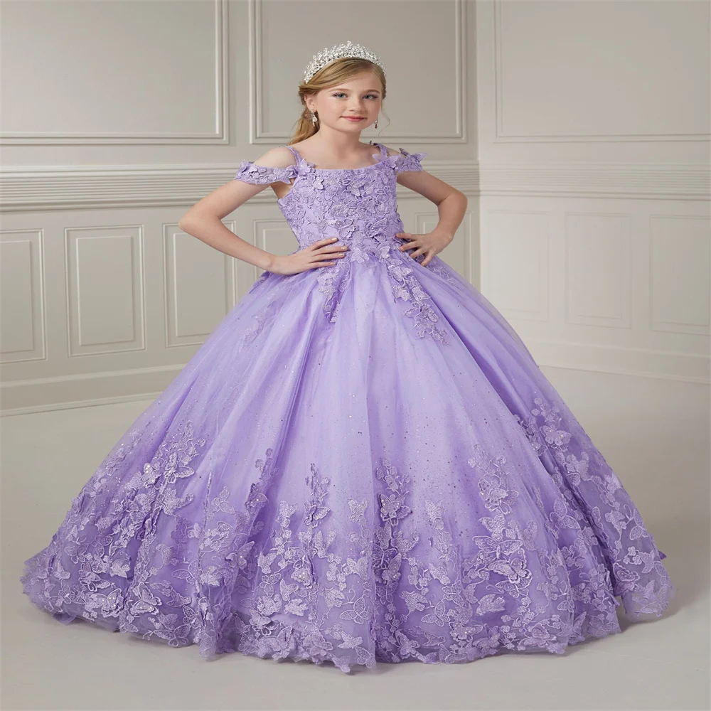 Flower Girl Dress Lilac Puffy Wedding Tulle With Applique Thin Shoulder Strap Princess Dresses Kids Party Birthday Ball Gown