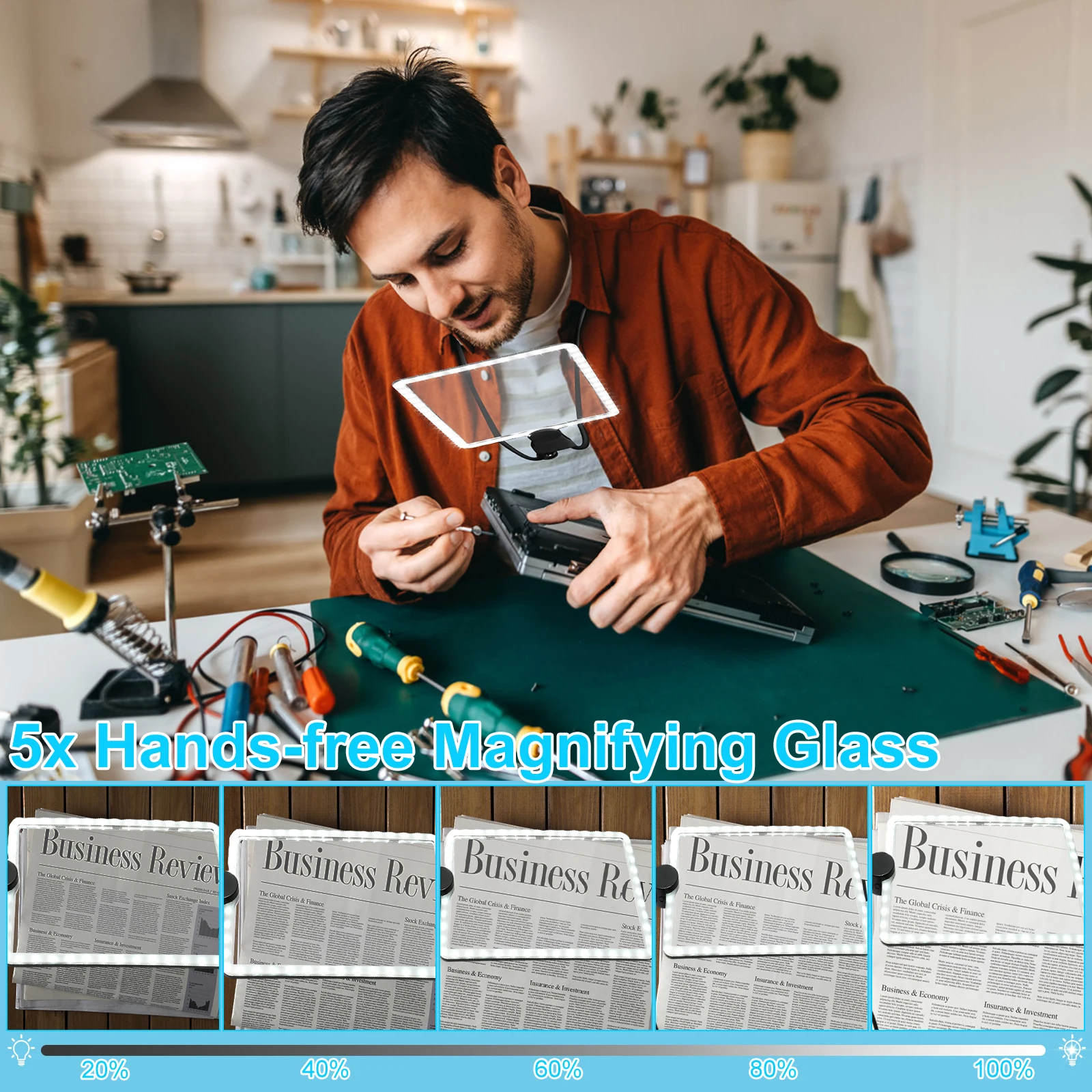 5X Dimmable Neck Wear Magnifying Glass Square LED Reading Magnifier for Full Book Page
