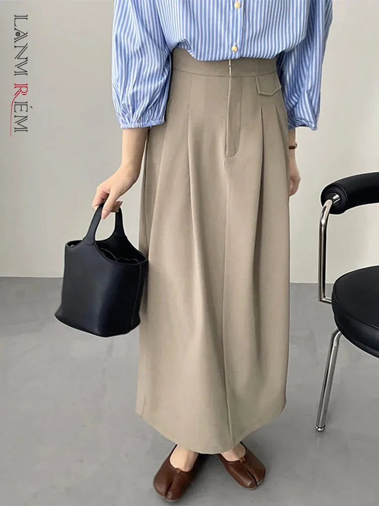 

[LANMREM] Vintage Office Lady Pleated Skirts For Women High Wiast Mid-length Fit Skirt Female Clothing 2024 Spring New 26D8674