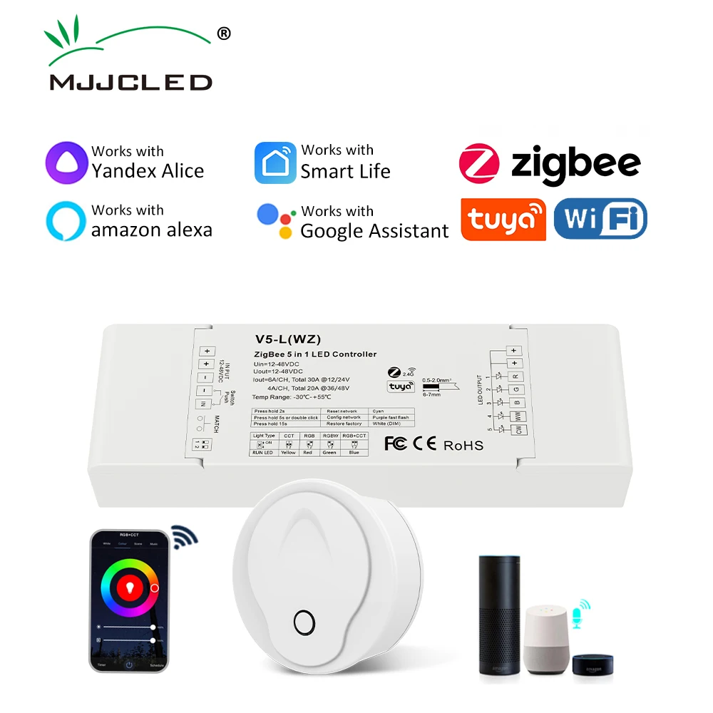 wz5 tuya zigbee smart led controller dc 12v 24v dim rgb rgbw rgbww rgbcw rgbcct strip 2 4g rf remote google plus voice control Tuya Zigbee LED Controller 12V 24V 36V 48V Smart Life APP Remote Voice Control for DIM RGB CCT RGBW RGBCCT LED Strip Lights