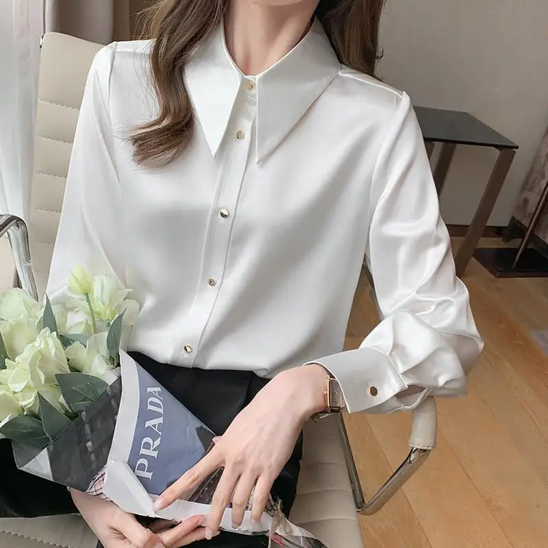 Spring Autumn Office Lady Elegant Fashion Polo-neck Chiffon Shirt Solid Long Sleeve All-match Bottomed Blouse Top Women Cardigan