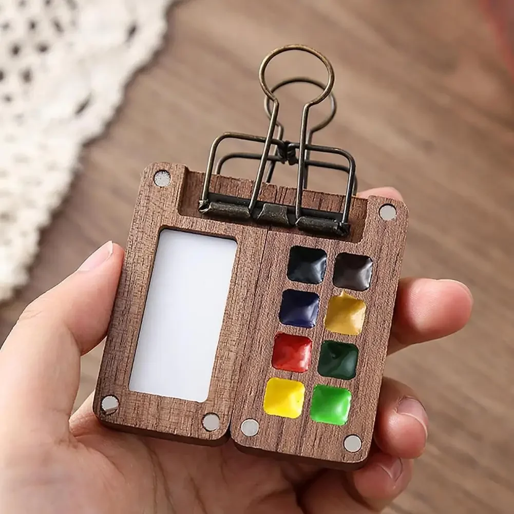 8/15 Grid Tragbare Skizzenbuch Palette Mini Walnuss Holz Farbe Palette Box Reise Aquarell Fall Für Zeichnung (Ohne Farben) – Detail 7