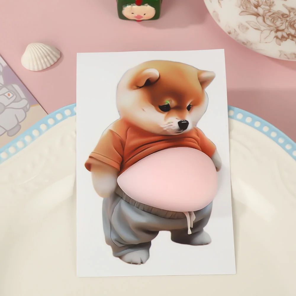 3D Shiba Inu Dog Belly Sticker-Cute puppy wearing orange outfit with soft pink background silicone self-adhesive