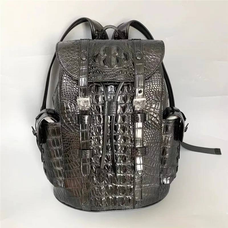 Authentic Crocodile Skin Drawstring Closure Male Black Casual Backpack Genuine Alligator Leather Men's Large Travel Bag Pack 3