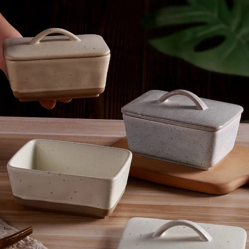 Ceramic Butter Dish With Lid Vintage Porcelain Butter Stick Storage Holder Plate Organizer With Handle Dishwasher Safe
