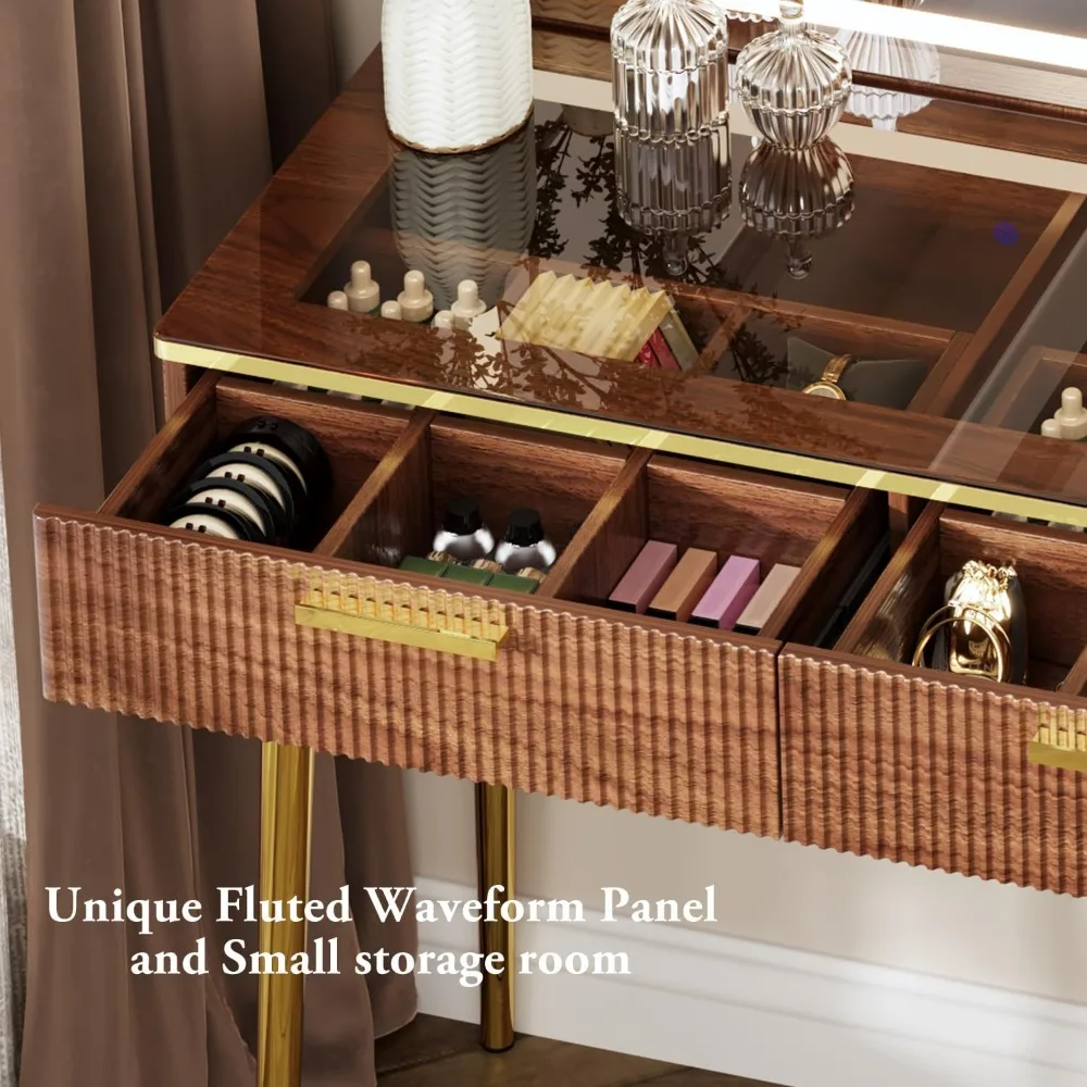 47.24" Big Modern Vanity Desk with Mirror and Lights,Makeup Vanity Desk with 5 Drawers and Storage Shelves & Power Outlet 4