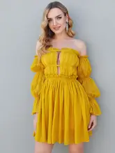  Ailigou 2022 New Summer Yellow Long Sleeve Pleated Dress Ladies Off Shoulder Party Dress Sexy Off Shoulder Off Back Mini Dress 