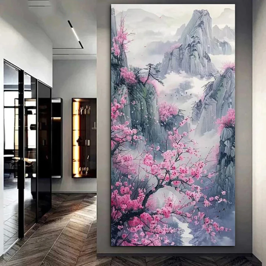 

Diy Big Size Diamond Painting Pink Flower Full Square Round Drill Mosaic Embroidery Abstract Mountain Scenery Picture Wall Decor