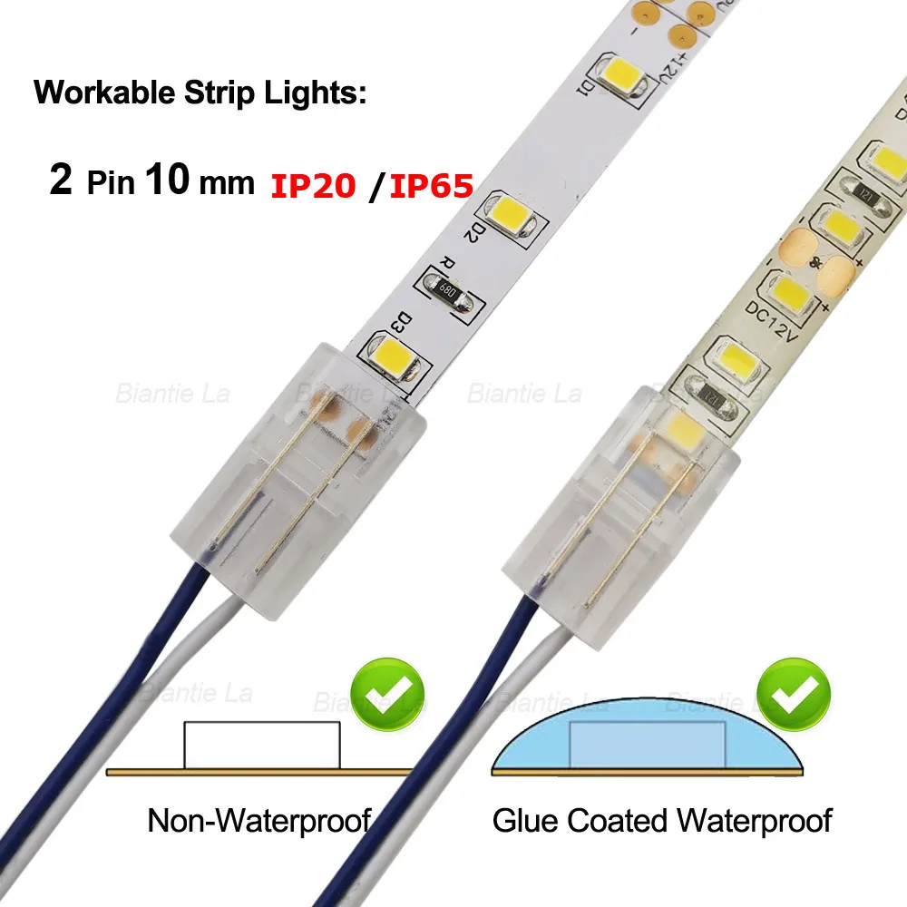 Biantie La 3528 2835 2 Pin 8mm LED Strip Connector - DIY Strip to Wire  Quick Solderless Connection for 12v 24v Single Color Led Strip Lights (Pack  of