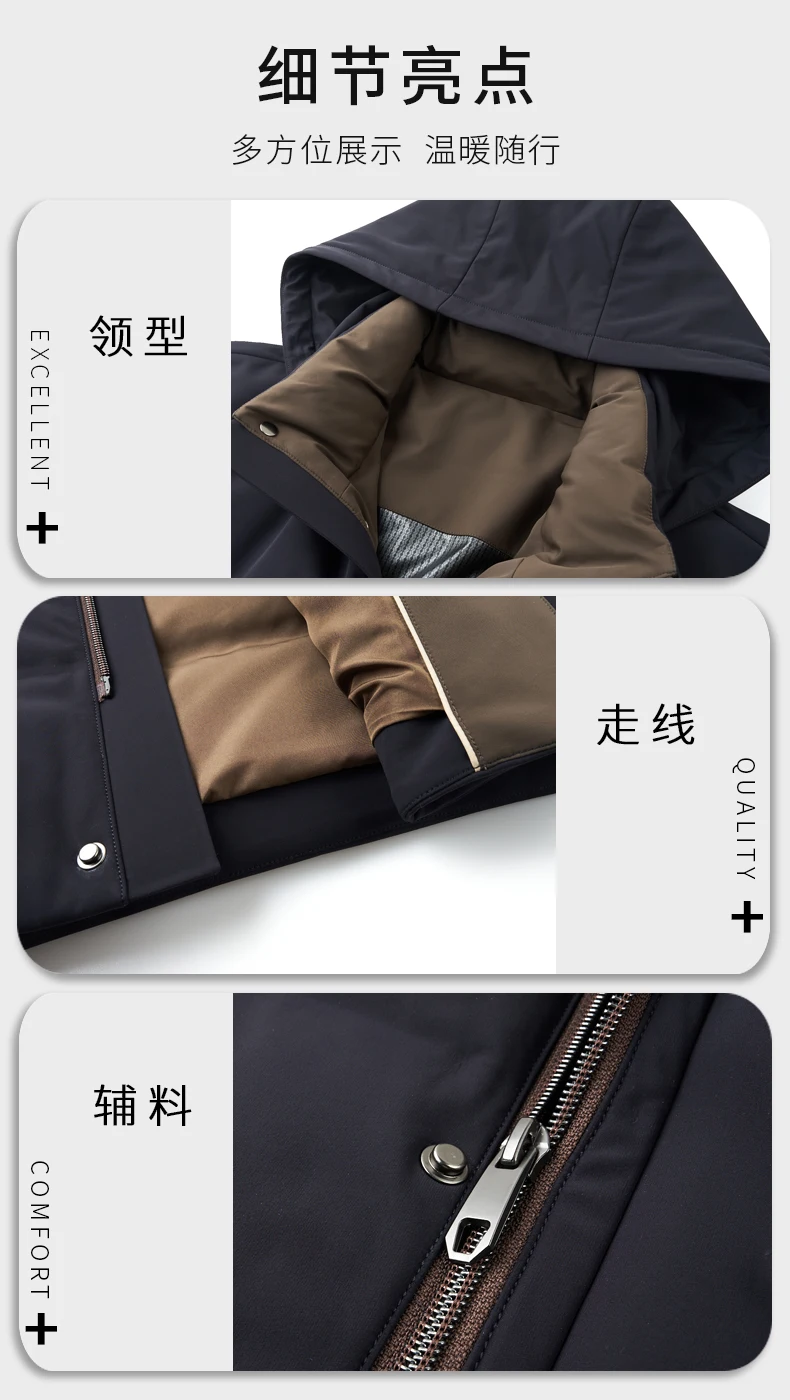 Lässige Winterjacke für Herren, warme Entendaunenjacke mit Kapuze, solide abnehmbare Mütze, Puffermantel, Oberbekleidung, lockere, winddichte, dicke, mittellange Parkas – Detail 3