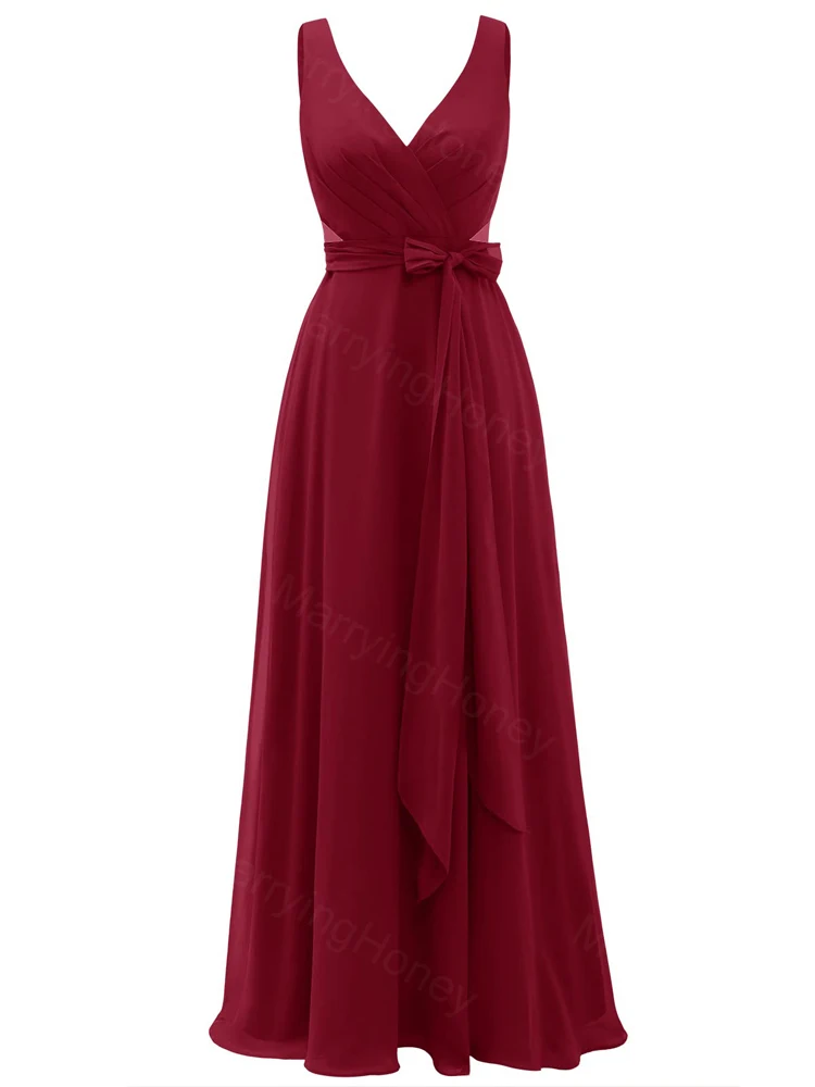 

Womens Elegant V Neck Bridesmaids Dress with High Slit A Line Ruched Formal Evening Party Gown Long Sleeveless Prom Dress MH828