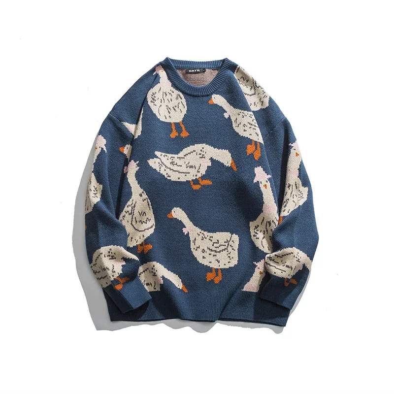Autumn Winter Pullover Sweaters for Men Cartoon Goose Print Casual Loose Round Neck Knitwear Couple Oversized Knitted Sweater 2