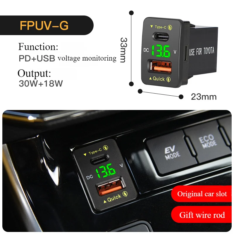 QC.0 36W USB TypeC PD Port Autoladegerät Werkzeuge Steckdose Anpassung für Mobiltelefon Schnellladung Voltmeter Accesoriopara Veh Turismo