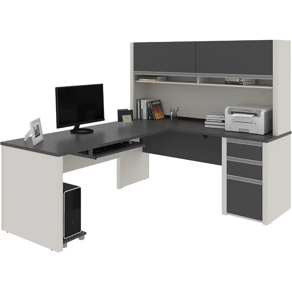L Shaped Desk with Hutch and Pedestal in Slate and Sandstone, 72W | Large Corner Table for Home Office Workspace or Personal 2