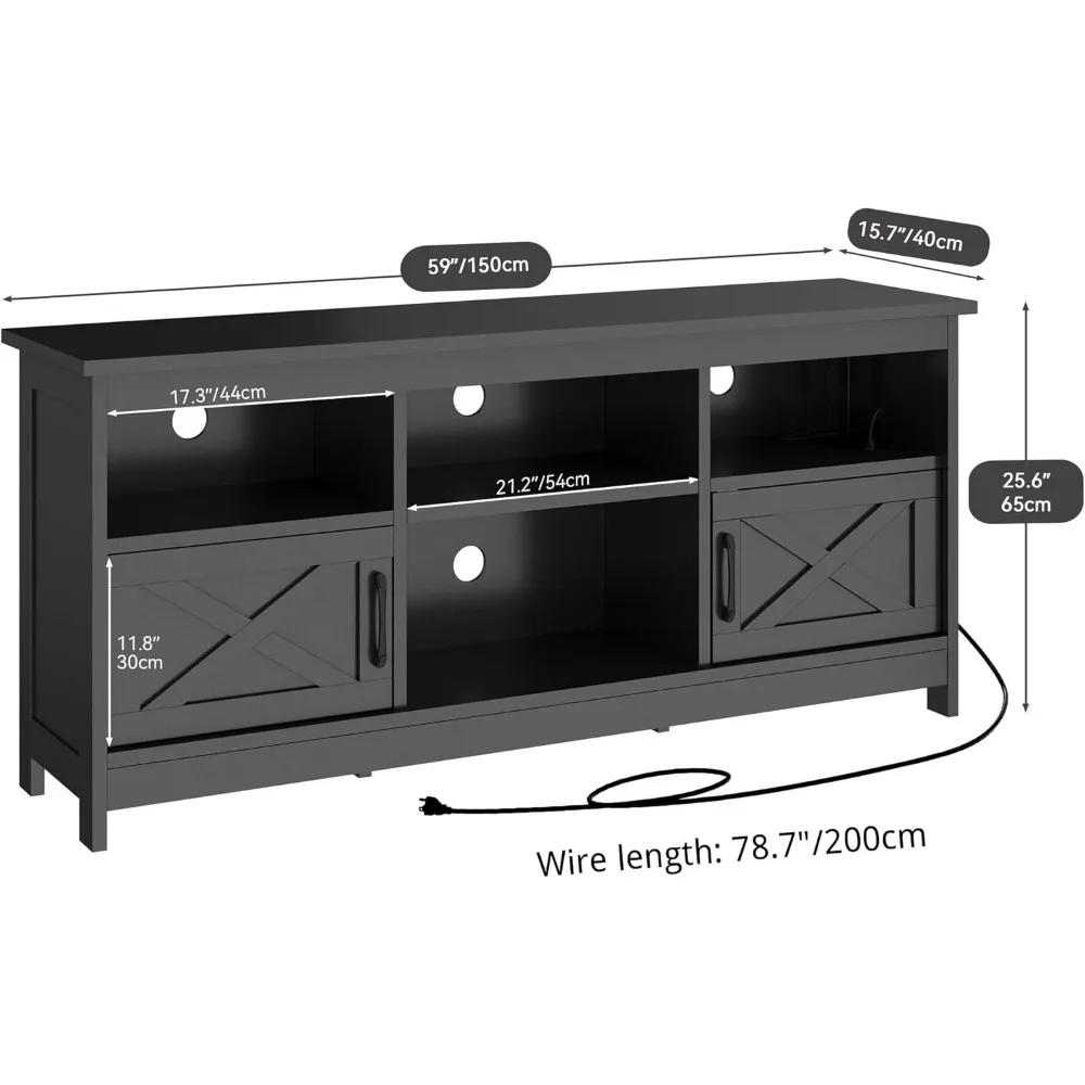 Farmhouse TV Stand with Power Outlet, LED Light Entertainment Center for 65 Inch TVs, TV Cabinet with Storage, Rustic M 6